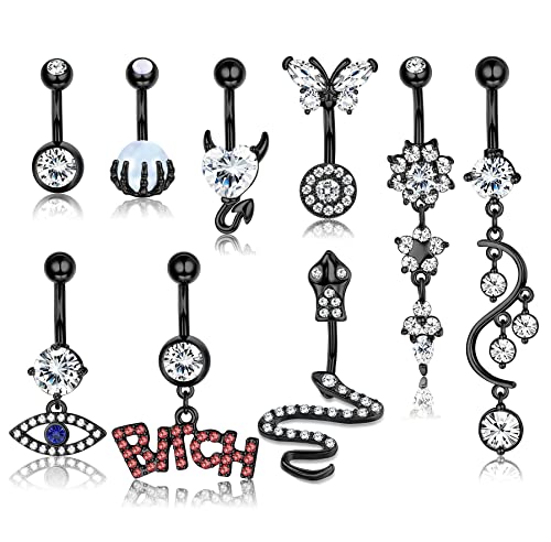 Kakonia 9stk 14G Baumeln Bauchnabelpiercing Chirurgenstahl für Frauen Zirkonia Buchstabe Schlange Schmetterling Piercing Bauchnabel Schmuck von Kakonia