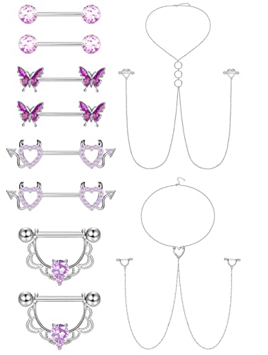 Kakonia 5Paar 14G Nippelpiercing für Damen Chirurgenstahl Schwarz Silber Edelstah Glitzer Pink Brustwarzenpiercing Herz Schmetterling Nippelringe Kette Zirkonia Set für Damen Heren von Kakonia