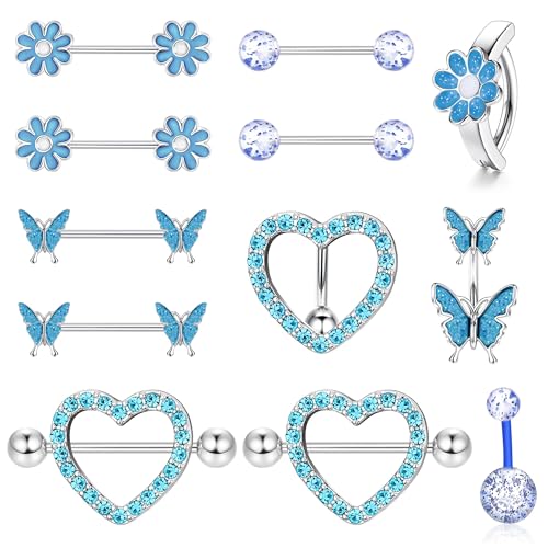 Kakonia 14G Nippelpiercing und Bauchnabelpiercing Set für Frauen Mädchen Chirurgenstahl Nippelringe Herz Schmetterling Blume Brustwarzenpiercing Niedlicher Nippelring Körper Piercing Schmuck Kakonia 14G Nippelpiercing und Bauchnabelpiercing Set für Frauen Mädchen Chirurgenstahl Nippelringe Herz Schmetterling Blume Brustwarzenpiercing Niedlicher Nippelring Körper Piercing Schmuck von Kakonia
