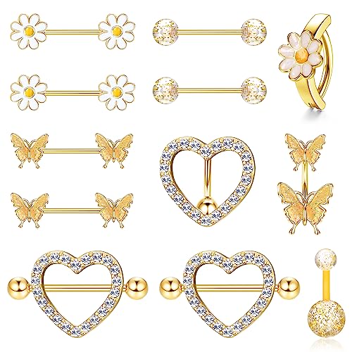 Kakonia 14G Nippelpiercing und Bauchnabelpiercing Set für Frauen Mädchen Chirurgenstahl Nippelringe Herz Schmetterling Blume Brustwarzenpiercing Niedlicher Nippelring Körper Piercing Schmuck von Kakonia