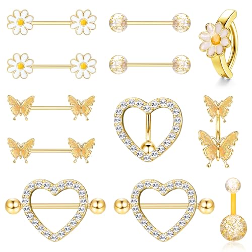 Kakonia 14G Nippelpiercing und Bauchnabelpiercing Set für Frauen Mädchen Chirurgenstahl Nippelringe Herz Schmetterling Blume Brustwarzenpiercing Niedlicher Nippelring Körper Piercing Schmuck von Kakonia