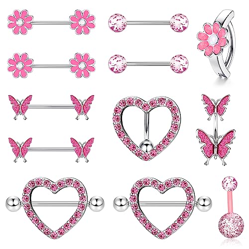 Kakonia 14G Nippelpiercing und Bauchnabelpiercing Set für Frauen Mädchen Chirurgenstahl Nippelringe Herz Schmetterling Blume Brustwarzenpiercing Niedlicher Nippelring Körper Piercing Schmuck von Kakonia