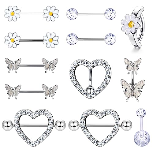 Kakonia 14G Nippelpiercing und Bauchnabelpiercing Set für Frauen Mädchen Chirurgenstahl Nippelringe Herz Schmetterling Blume Brustwarzenpiercing Niedlicher Nippelring Körper Piercing Schmuck von Kakonia