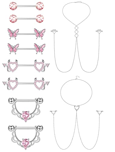 Kakonia 5Paar 14G Nippelpiercing für Damen Chirurgenstahl Schwarz Silber Edelstah Glitzer Pink Brustwarzenpiercing Herz Schmetterling Nippelringe Kette Zirkonia Set für Damen Heren von Kakonia