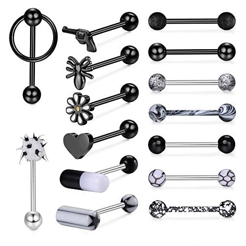 Kakonia 14G Zungenpiercing Chirurgenstahl Kunststoff für Damen Teaser Double Barbell mit Sklavenring Nippelpiercing Lange Nippel Piercing Barbells Körperschmuck Piercing Set Schwarz von Kakonia