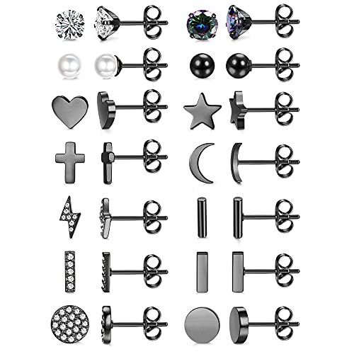 Kakonia 14Paar Edelstahl Ohrstecker für Damen Herren CZ Bar Stern Kugel Mond Herz Perle Kreuz Blitz Kreis geometrisch Ohrringe Ohrstecker Ohrringe Set von Kakonia