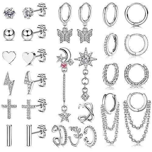 Kakonia 14Paar Helix Piercing für Damen Ohrstecker Creolen Klein Edelstahl Ohrring Kette Gold Silber Stud Hoop Earrings Tiny Chain Dangle Knorpel Huggie Ohrringe Piercing Ohr Set Damen von Kakonia