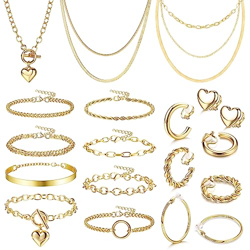 Kakonia 15 Stück Gold Schmuck Set Kleine Creolen Ketten Armbander Für Damen Mädchen Chain Layer Halskette Verstellbar Gliederkette Chain Halskette Modeschmuck Hip Hop Set von Kakonia