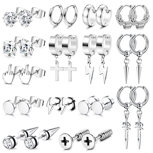 Kakonia 15Paare Ohrringe Herren Edelstahl Schwarz Silber Ohrringe Stecker Schraube Ohrstecker Punk Ohrhänger Set Kpop Fashion Earrings Schwarze Ohrringe für Herren Damen von Kakonia