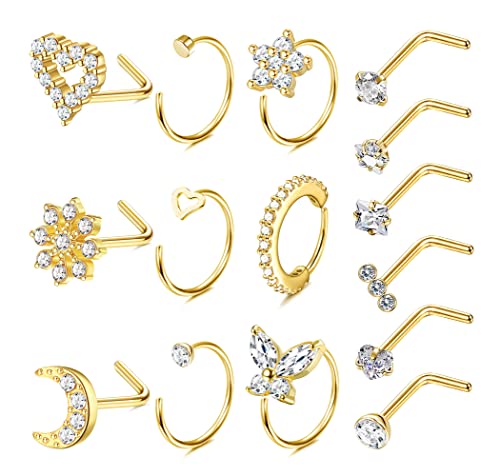 Kakonia 15stk Nasenpiercing Ring Stecker für Frauen Chirurgenstahl Nasenring Piercing Nasenstecker 20G Herz Zirkonia Blume Nasenring Gold Silber Nostril Piercing Nose Ring Schmuckset von Kakonia