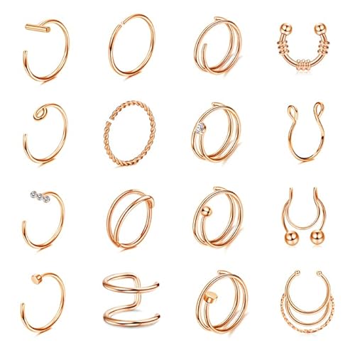 Kakonia 16stk Nasenpiercing Ring für Damen Herren 316L Edelstahl Spirale Doppel Hoop Nasenring Piercing Fake Septum Piercing Nostril Piercing Ring Gold Silber Roségold Schwarz Bunt Piercing Set von Kakonia