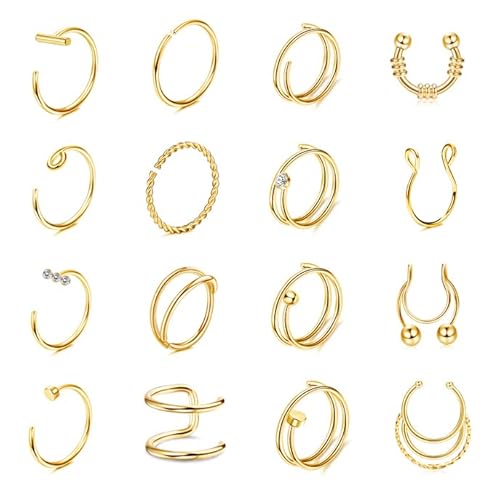 Kakonia 16stk Nasenpiercing Ring für Damen Herren 316L Edelstahl Spirale Doppel Hoop Nasenring Piercing Fake Septum Piercing Nostril Piercing Ring Gold Silber Roségold Schwarz Bunt Piercing Set von Kakonia