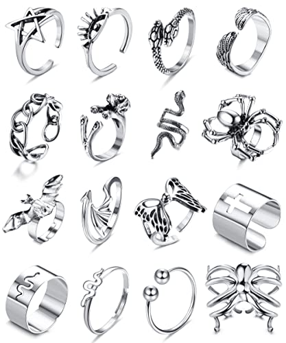 Kakonia 16 Stück Sliver Goth Punk Ringe für Männer Cool Open Gothic Ring Snake Spide Bat Schmetterling Vintage stapelbare Tierringe Bulk Knuckle Emo Y2k Rings Set Silber Stil-D von Kakonia