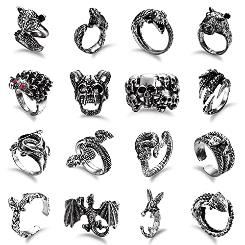 Kakonia 16 Stücke Gothic Offene Ringe Set für Männer Frauen Punk Verstellbare Schlange Drachen Klaue Tier Ringe Vintage Goth Schädel Ringe Indie Ästhetik Schwarz Stil-B von Kakonia