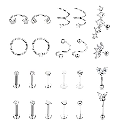 Kakonia 16G Piercing Ohr für Damen Herren Edelstahl Forward Helix Piercing Schmuck Labret Piercing Rook Daith Conch Piercing Ring Tragus Ohrringe Silber von Kakonia