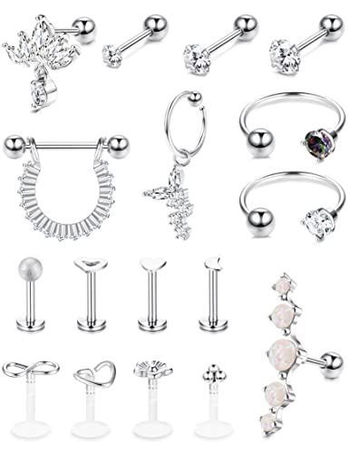 Kakonia 17stk 16G Piercing Ohr für Damen Knorpel Conch Piercing Ring Tragus Ohrringe Edelstahl CZ Forward Creolen Helix Piercing Ohrstecker Silber von Kakonia