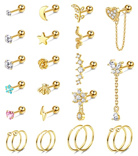 Kakonia 24 Stück Helix Piercing für Damen Ohrstecker Creolen Klein Edelstahl Ohrring Gold Silber Stud Hoop Earrings Kette Tiny Chain Dangle Knorpel Huggie Ohrringe Piercing Ohr Set Damen von Kakonia