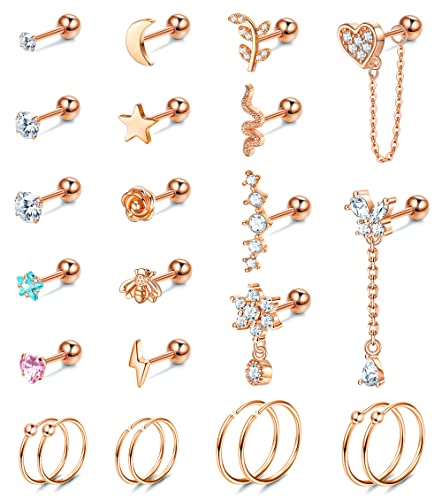 Kakonia 24 Stück Helix Piercing für Damen Ohrstecker Creolen Klein Edelstahl Ohrring Gold Silber Stud Hoop Earrings Kette Tiny Chain Dangle Knorpel Huggie Ohrringe Piercing Ohr Set Damen von Kakonia