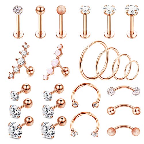 Kakonia 23 Stück 16G Piercing Ohr Set Silber Rosegold Helix Tragus Piercing Ohrringe für Frauen Chirurgenstahl Knorpel Rook Conch Daith Piercing Ohrschmuck CZ Barbell Labret Piercing Schmuck von Kakonia