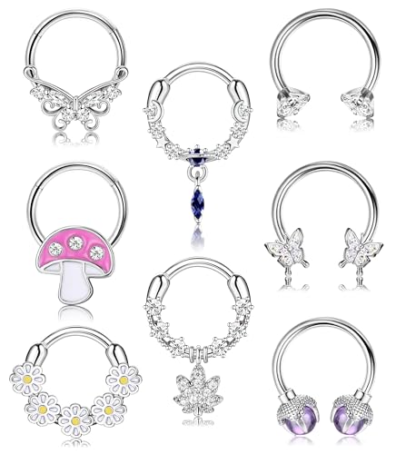 Kakonia 8Pcs Septum Piercing 16G Edelstahl Silber Septum Ring für Frauen Weiß CZ Schmetterling Baumeln Septum Clicker Nase Ringe Knorpel Hoop Ohrringe Daith Piercing Schmuck 10MM von Kakonia