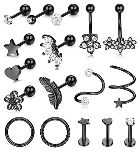 Kakonia 17 Stück Piercing Ohr für Frauen Ohrringe Ohrstecker Roségold Helix Piercings Chirurgenstahl Zirkonia Blume 16G Conch Daith Tragus Piercing Set von Kakonia