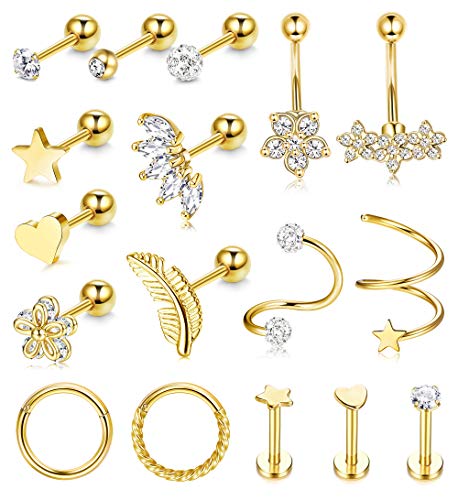 Kakonia 17 Stück Piercing Ohr für Frauen Ohrringe Ohrstecker Roségold Helix Piercings Chirurgenstahl Zirkonia Blume 16G Conch Daith Tragus Piercing Set von Kakonia