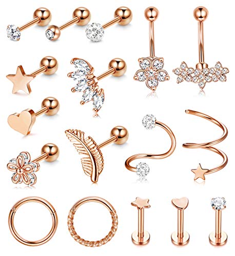 Kakonia 17 Stück Piercing Ohr für Frauen Ohrringe Ohrstecker Roségold Helix Piercings Chirurgenstahl Zirkonia Blume 16G Conch Daith Tragus Piercing Set von Kakonia