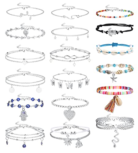 Kakonia 18stk Fußkettchen Armbänder für Damen Verstellbare Damen Boho Fußkettchen Ketten Armbänder Schale/Seestern/Schmetterling/Teufelsauge Strand Fußkettchen Fußschmuck Set von Kakonia