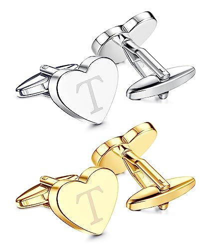 Kakonia 2 Paare Initial T Manschettenknöpfe Set für Männer Personalisierte Einzigartige Herz Alphabet Buchstabe Gold Silber Smoking Hemd Herren Manschettenknöpfe von Kakonia