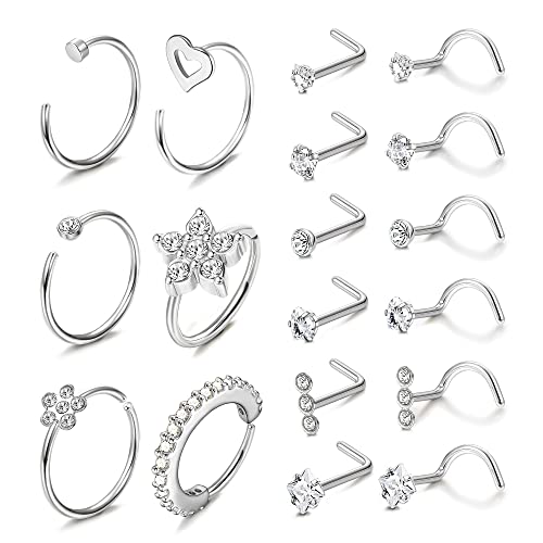 Kakonia 18stk 20G Nasenpiercing Ring Stecker für Damen Herren 316L Edelstahl Zirkonia Blume Nasenring Piercing Nostril Piercing Nose Ring Nasenstecker Set von Kakonia