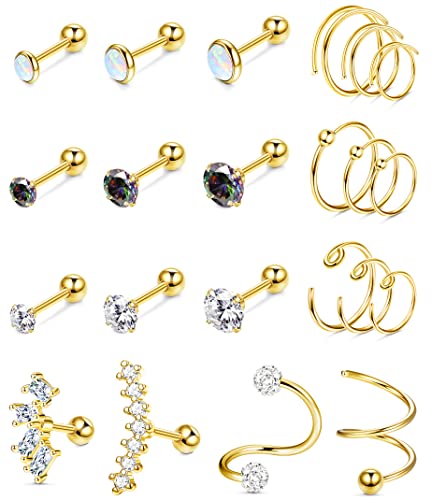 Kakonia 22stk Piercing Ohr für Damen Ohrringe Ohrstecker Gold Helix Piercings Chirurgenstahl Zirkonia 16G Conch Daith Tragus Piercing Set von Kakonia