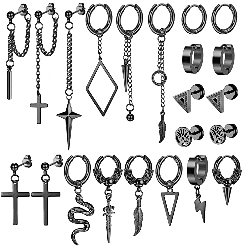 Kakonia 22 Stück Ohrringe Herren Männer 316L Edelstahl Schwarz Punk Creolen Ohrringe Kpop Ohrpiercing Schmuck Kreuz Schlange Kette Ohrstecker Herren mit Gothic Accessoires von Kakonia