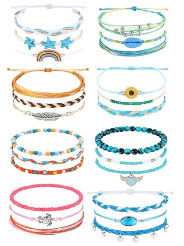 Kakonia 24 Stück Knöchel Armbänder Damen Strand String Perlen Armbänder Frauen einstellbar Frauen Fußkettchen Boho Urlaub Surfer Armbänder Set handgemachte Seil Sommer Armbänder Fußschmuck-2 von Kakonia