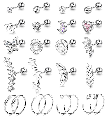 Kakonia 24stk 16G Piercing Ohr für Damen Edelstahl Knorpel Ohrringe Helix Tragus Conch Piercing Ring Ohrringe Blume Schmetterling Herz Stern Mond Ohrstecker Ohrringe Silber von Kakonia