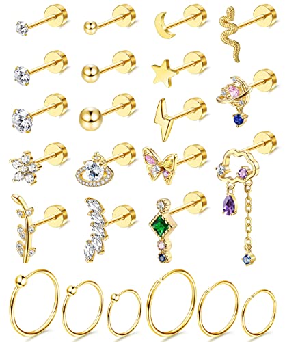 Kakonia 24 Stück 20G Helix Piercing für Damen Ohrstecker Creolen Klein Edelstahl Ohrring Gold Silber Stud Hoop Earrings Kette Tiny Chain Dangle Knorpel Huggie Ohrringe Piercing Ohr Set Damen von Kakonia