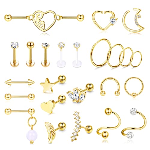 Kakonia 24stk Piercing Ohr für Damen Ohrringe Ohrstecker Gold Helix Piercings Chirurgenstahl Zirkonia 16G Conch Daith Tragus Piercing Set von Kakonia