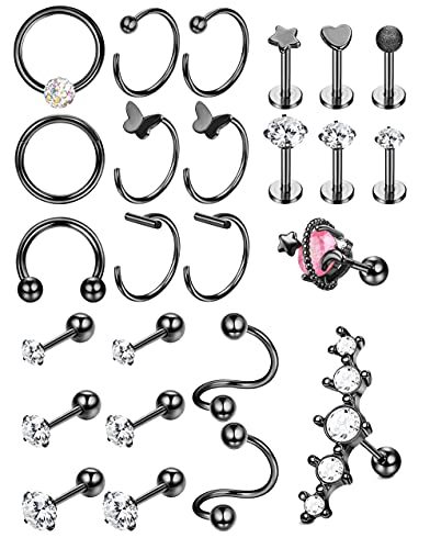 Kakonia 25stk 16-20G Edelstahl Piercing Ohr für Damen Herren Knorpel Creolen Ohrringe CZ Herz Rook Labret Piercing Helix Tragus Conch Piercing Ring Ohrstecker Schwarz von Kakonia