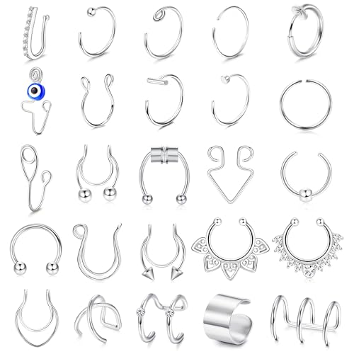 Kakonia 25stk Fake Nose Ring Septum für Damen Herren Magnet Septum Piercing Fake Nasenpiercing Ring Evil Eye Clip Nasenring Hoops Ear Cuff Helix Fake Nasenring Piercing Set von Kakonia