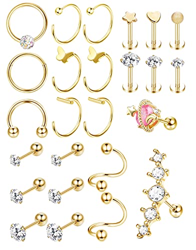 Kakonia 25stk 16-20G Edelstahl Piercing Ohr für Damen Herren Knorpel Creolen Ohrringe CZ Herz Rook Labret Piercing Helix Tragus Conch Piercing Ring Ohrstecker Gold von Kakonia