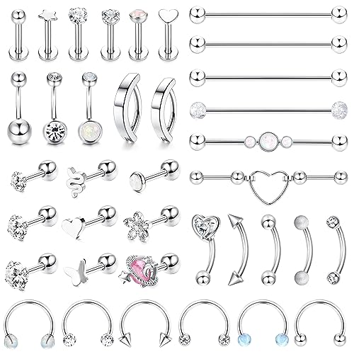 Kakonia 26 Stück 14G-16G Piercing Set für Damen Chirurgenstahl Kleine Ohrstecker Silber Edelstahl Rook Augenbrauen Piercing Ohr Septum Helix Bauchnabelpiercing Nippelpiercing Set Damen von Kakonia