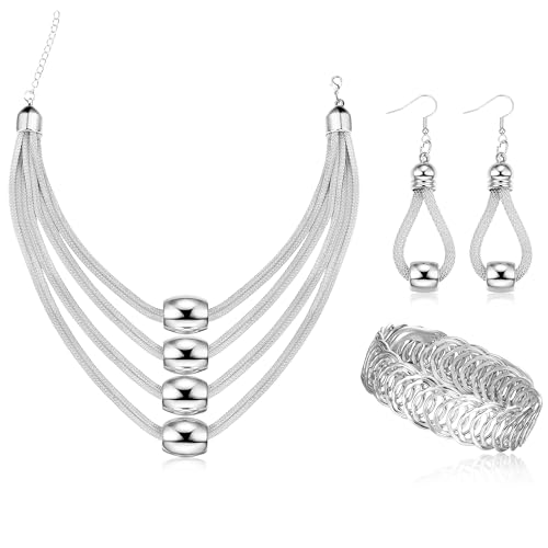 Kakonia 3-teiliges mehrschichtiges Lätzchen-Halsketten-Schmuckset für Frauen-Halsketten-Stretch-Manschettenarmband-Ohrhänger-Halloween Silber von Kakonia