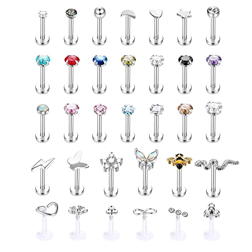 Kakonia 33stk 16G Lippenpiercing Medusa Piercing Edelstahl Lippenringe für Damen Herren Ashley Labret Piercing Lippe Nasenstecker Biene Schmetterling Blume Schlange Tragus Piercing Ohr 8MM von Kakonia