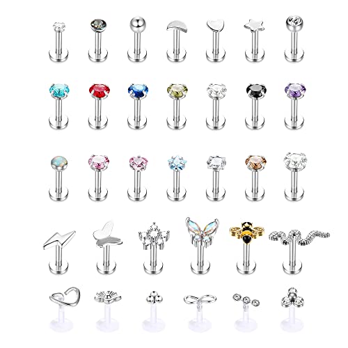 Kakonia 33stk 16G Lippenpiercing Medusa Piercing Edelstahl Lippenringe für Damen Herren Ashley Labret Piercing Lippe Nasenstecker Biene Schmetterling Blume Schlange Tragus Piercing Ohr 6MM von Kakonia