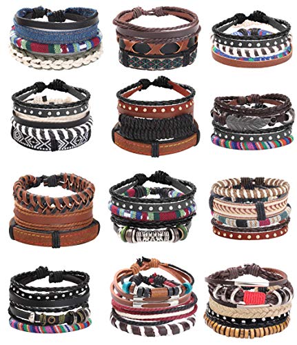 Kakonia 33-39 Stück Geflochtene Lederarmband Surfer Boho Armband Herren Damen Herrenarmband Lederband Boho Ethnische Stammes-Holzperlen Manschette Verstellbare Armbänder von Kakonia