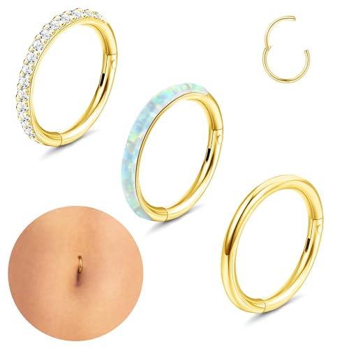 Kakonia 3Stück 14G Bauchnabelpiercing Nasenpiercing Ring für Damen Edelstahl Bauchnabel Piercing Ring Hoop Click Hinged Segment Ring Helix Ohr Piercing Gold Silber Piercing Schmuck Gold 10MM von Kakonia