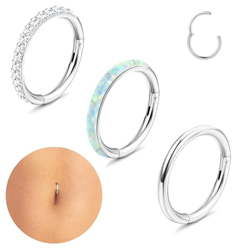 Kakonia 3Stück 14G Bauchnabelpiercing Nasenpiercing Ring für Damen Edelstahl Bauchnabel Piercing Ring Hoop Click Hinged Segment Ring Helix Ohr Piercing Gold Silber Piercing Schmuck Silber 12MM von Kakonia