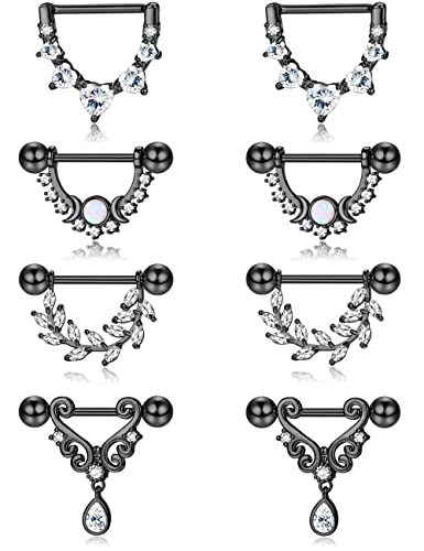 Kakonia 4 Paar 14G Nippelpiercing für Damen 316L Edelstahl Teardrop Heart Moon Star Opal Leaf CZ Barbell Brustwarzenpiercing Set Süße Nipple Piercing Schwarz von Kakonia