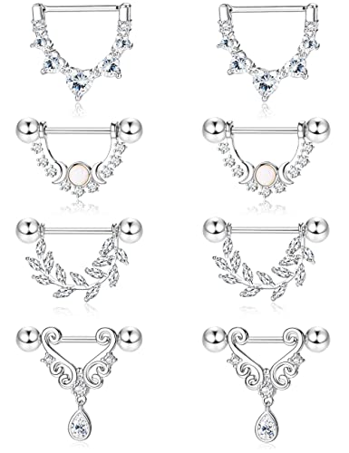 Kakonia 4 Paar 14G Nippelpiercing für Damen 316L Edelstahl Teardrop Heart Moon Star Opal Leaf CZ Barbell Brustwarzenpiercing Set Süße Nipple Piercing Silber von Kakonia