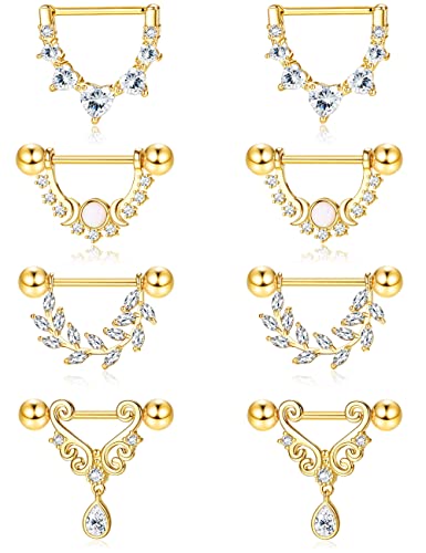 Kakonia 4 Paar 14G Nippelpiercing für Damen 316L Edelstahl Teardrop Heart Moon Star Opal Leaf CZ Barbell Brustwarzenpiercing Set Süße Nipple Piercing Gold von Kakonia