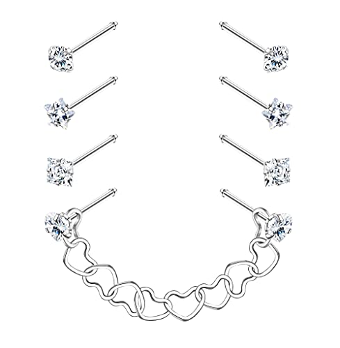 Kakonia 4 Paar Edelstahl Nasenpiercing Stecker Set mit Kette(3,8-5 cm), CZ Knochen Nasenstecker und Nasenloch Herzkette Gold Silber Roségold Schwarz Nasenpiercing Schmuck für Damen Herren von Kakonia